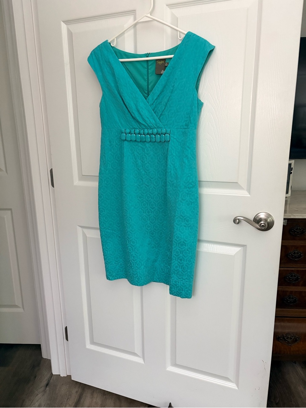 Taylor Teal Sheath Dress with Beaded Waist